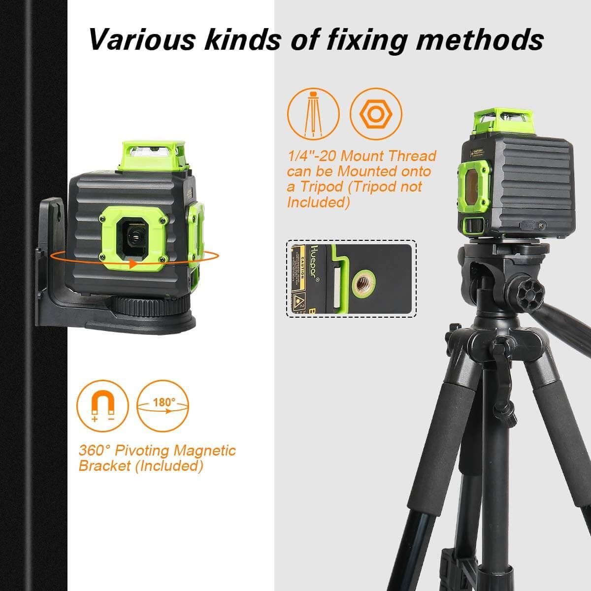 Huepar B21CG - Green 360° Horizontal and Two Vertical Lines Cross Line Laser Level with Hard Carry Case - HUEPAR US