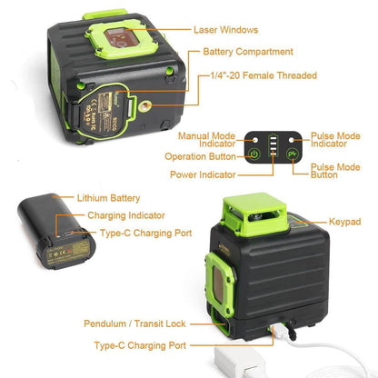 Huepar B21CG - Green 360° Horizontal and Two Vertical Lines Cross Line Laser Level with Hard Carry Case - HUEPAR US