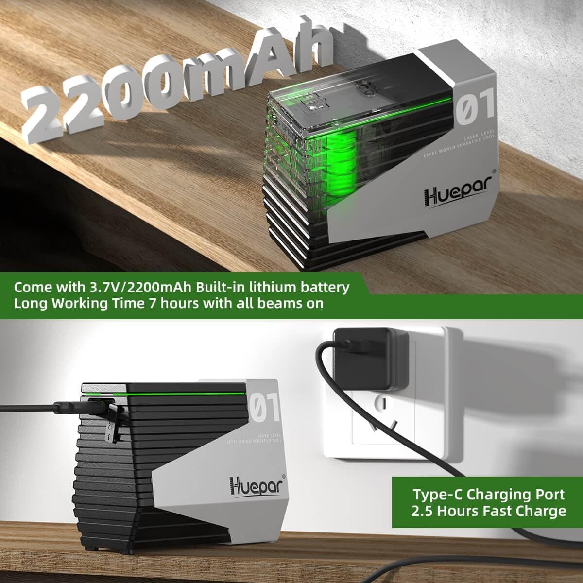 Huepar E011G - Green Beam Cross Line Self-leveling Laser Levels Tool with Motion Sensor & Li-ion Battery - HUEPAR US