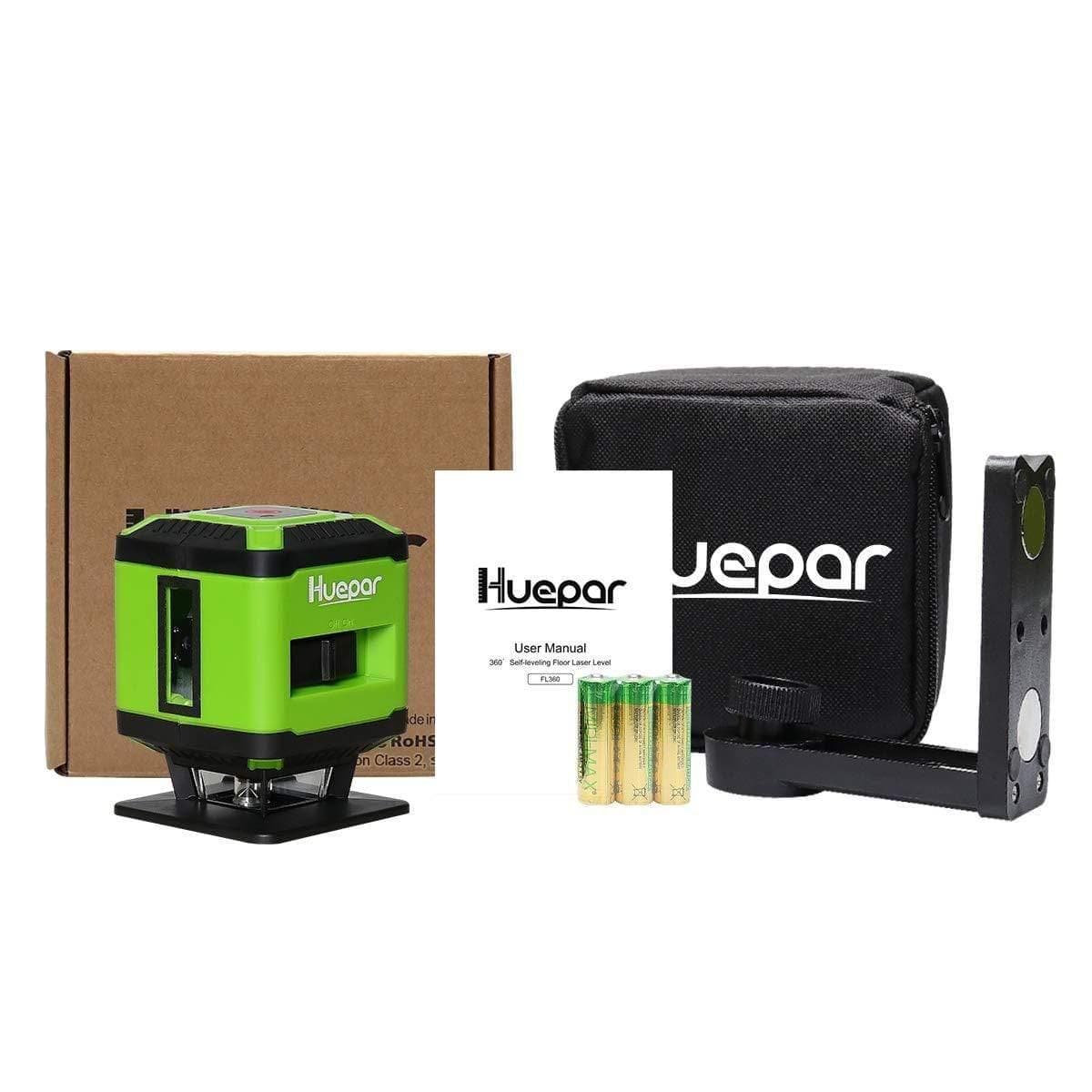 Huepar 4x360 Laser Level Self-leveling 4D Green Beam Cross Line 16 Lines  Tiling Floor Laser Tool -2x360 Horizontal/Vertical Laser Lines  -rechargeable