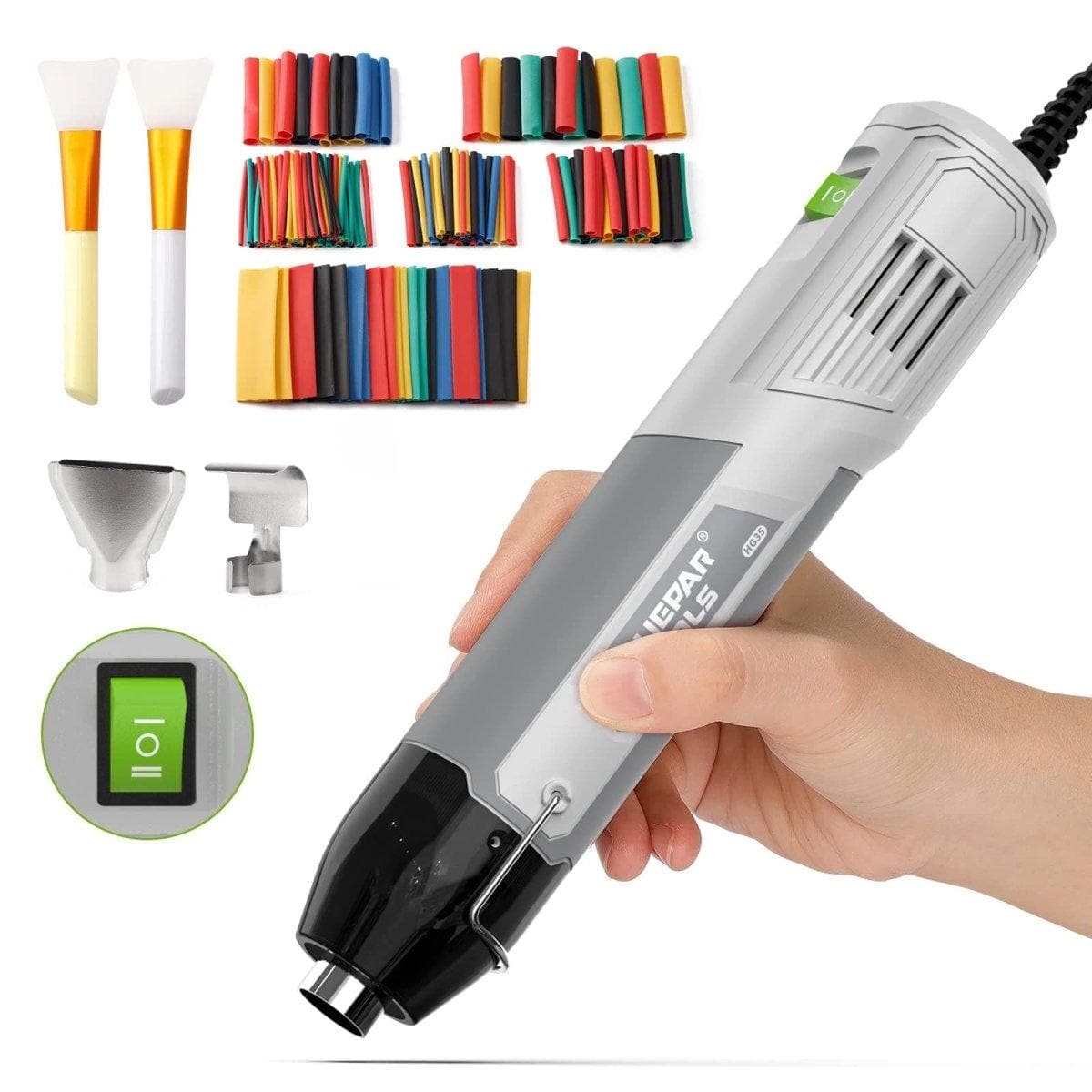 Huepar Tools Mini Dual Temp Heat Gun for Crafts with Shrink Wrapping, Embossing, Candle Making Accessories, Including Heat Shrink Tubes, Silicon Brushes, and Nozzles5