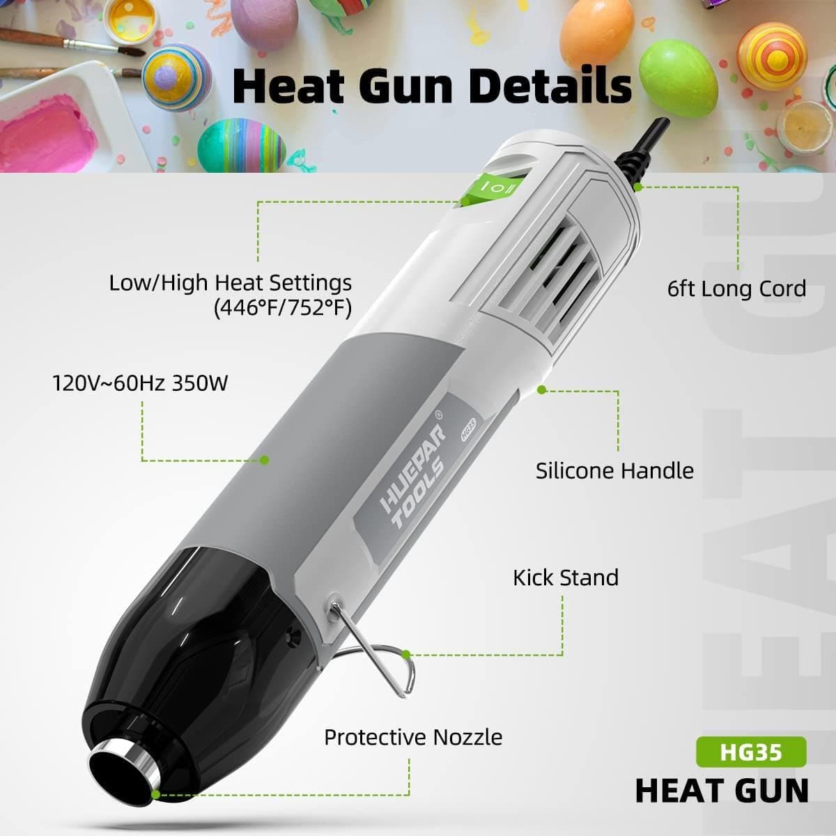 Huepar Tools Mini Dual Temp Heat Gun for Crafts with Shrink Wrapping, Embossing, Candle Making Accessories, Including Heat Shrink Tubes, Silicon Brushes, and Nozzles7