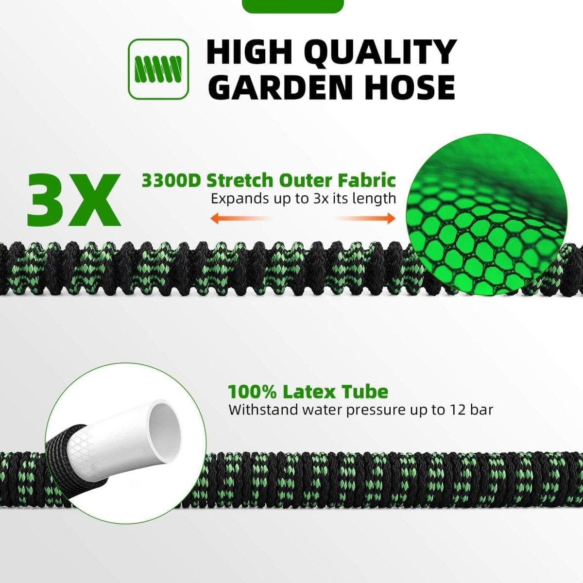 Huepar Flexible 100ft Garden Hose with 4-Layer Latex, 10 Function Spray Nozzle, and Solid Brass Fittings for Efficient Irrigation1