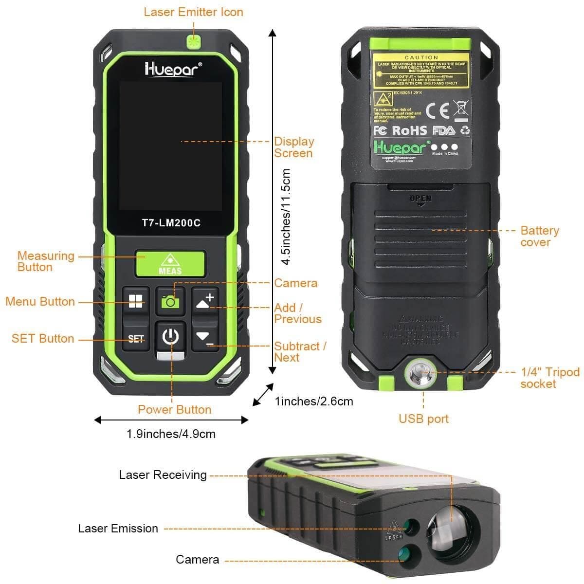 Huepar LM200C - 200M Laser Distance Meter - HUEPAR US