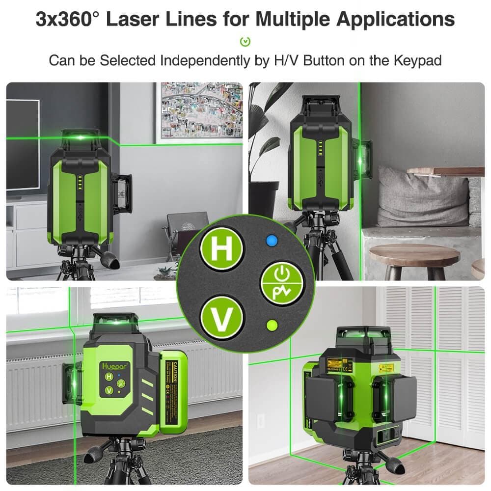 Huepar LS03CG - 3x360°Laser Level with 2 Li-ion Batteries 3D Outdoor Green  Cross Line Self Leveling for Construction