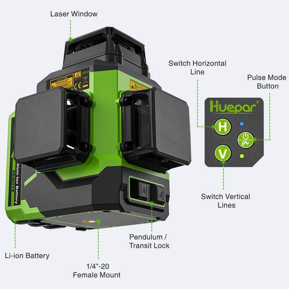 Huepar LS03CG - 3x360°Laser Level with 2 Li-ion Batteries 3D Outdoor Green Cross Line Self Leveling for Construction - HUEPAR US