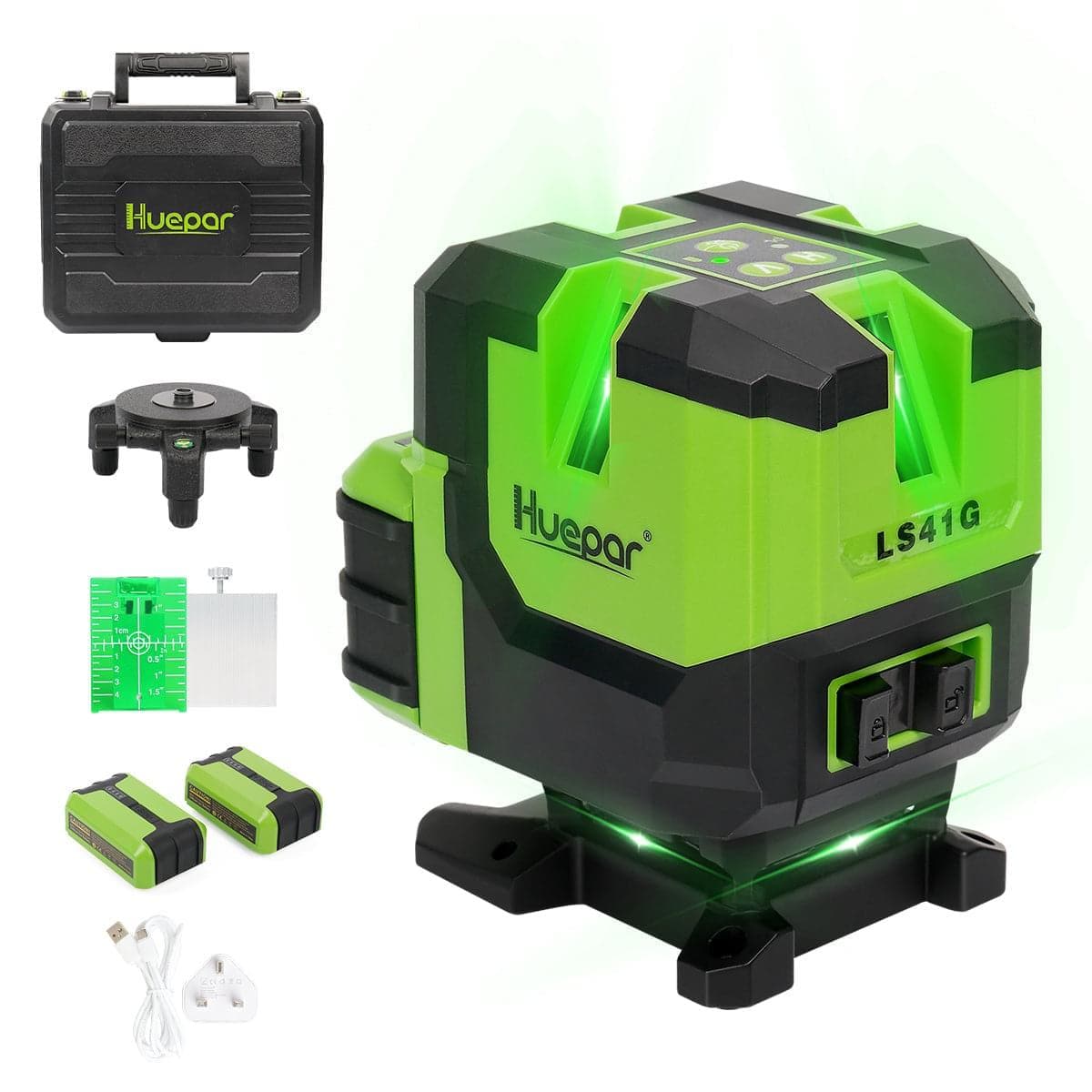 HUEPAR LS41G - Green Cross Line Self-leveling Multi-Line Laser Level-Four Vertical and One 360° Horizontal Lines with Plumb Dot - HUEPAR US