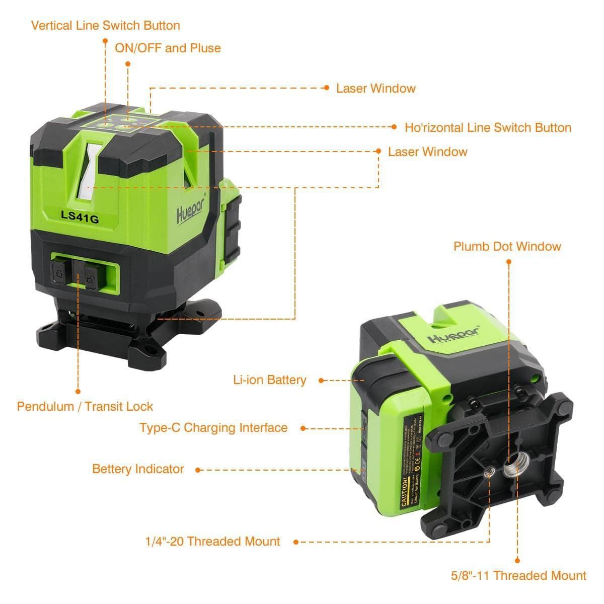 HUEPAR LS41G - Green Cross Line Self-leveling Multi-Line Laser Level-Four Vertical and One 360° Horizontal Lines with Plumb Dot - HUEPAR US