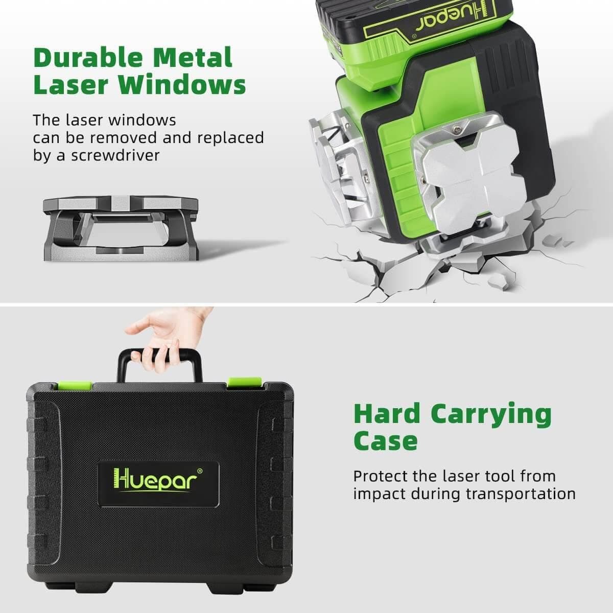 Huepar P03CG - Self Leveling 3x360°Bluetooth outdoor Line Laser 3D Green Beam with Hard Carry Case - HUEPAR US
