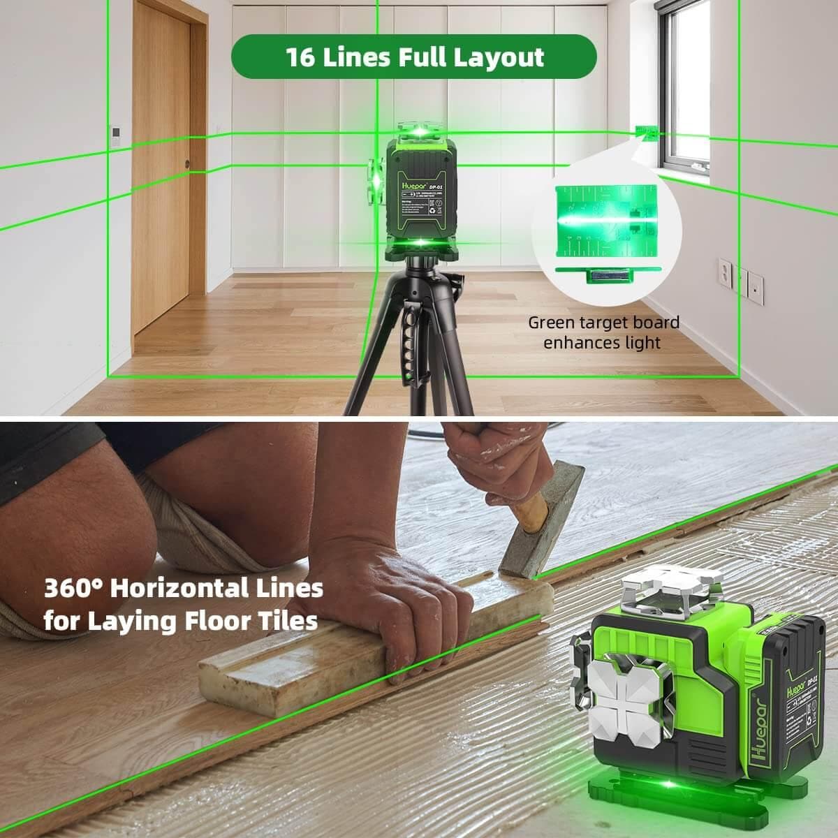 Huepar 704CG - 16 Lines 4x360° Laser Level Self-leveling Tiling Floor Laser  Tool with Magnetic Bracket