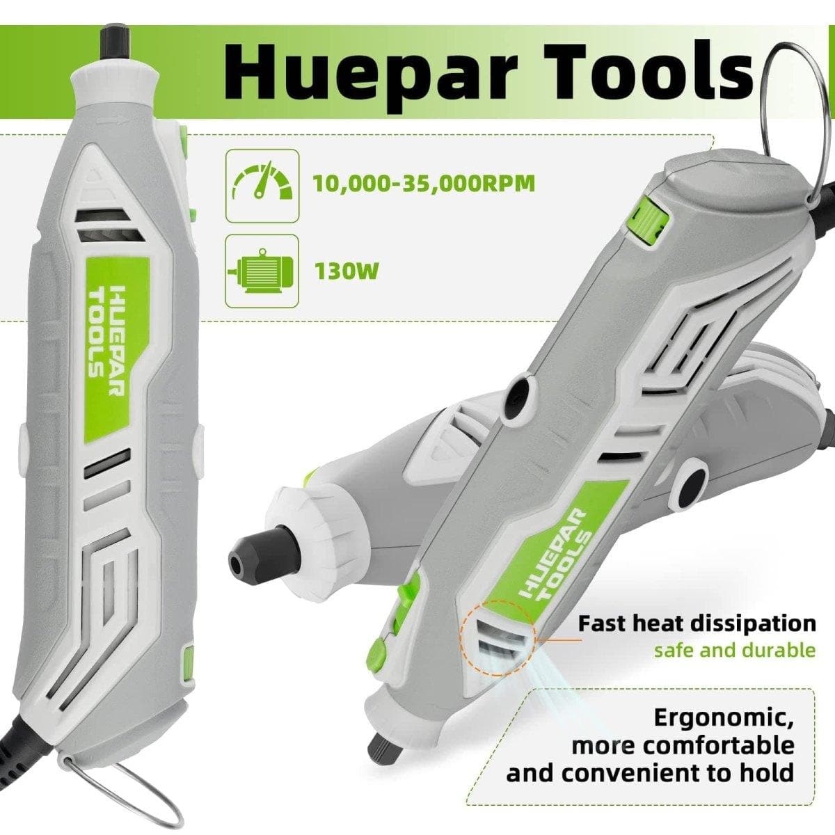 Huepar RT130 Rotary Tool Kit with Flex Shaft, 235pcs Accessories, MultiPro Keyless Chuck, and 6 Variable Speeds ranging from 10000-35000RPM for Crafting and DIY Projects3