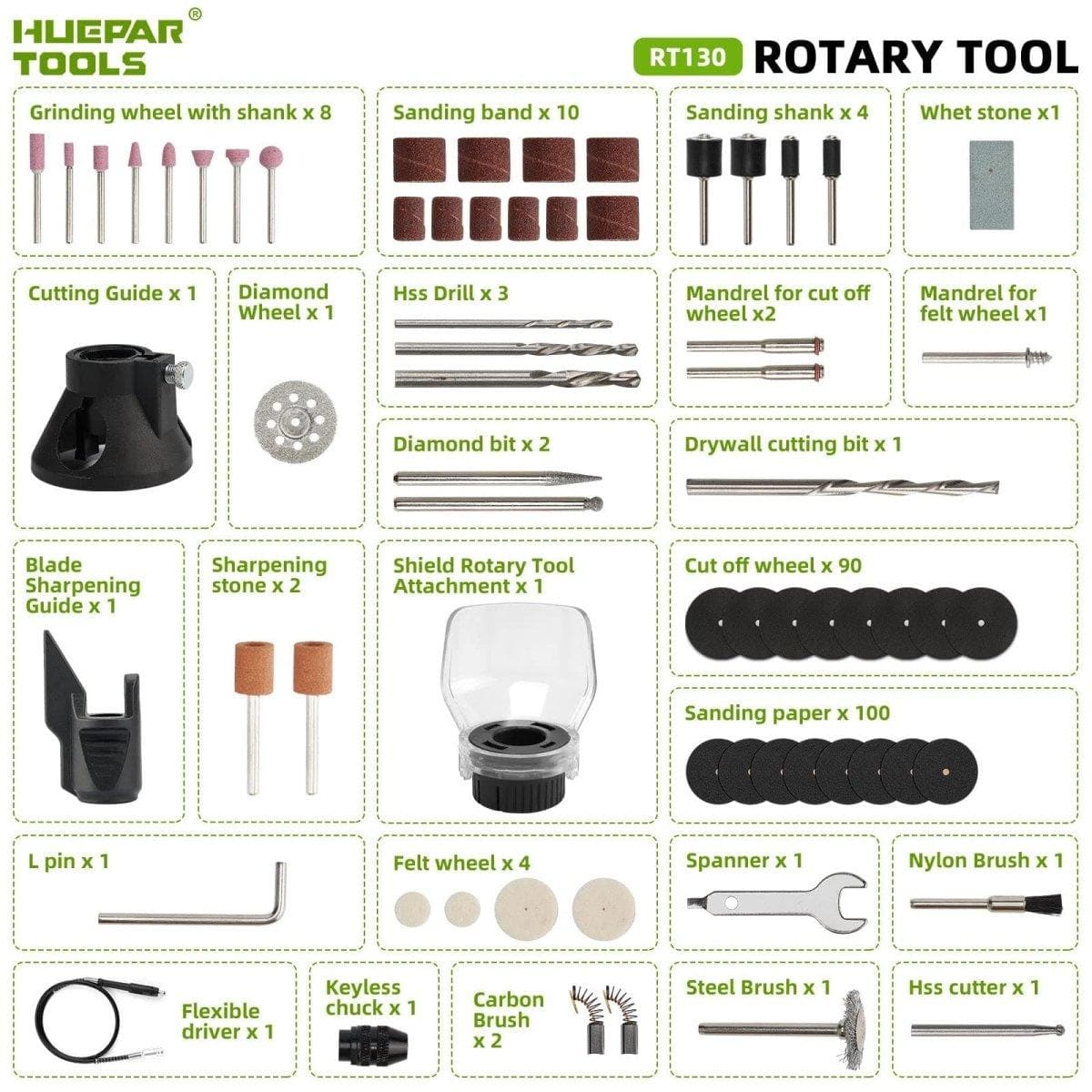 Huepar RT130 Rotary Tool Kit with Flex Shaft, 235pcs Accessories, MultiPro Keyless Chuck, and 6 Variable Speeds ranging from 10000-35000RPM for Crafting and DIY Projects8