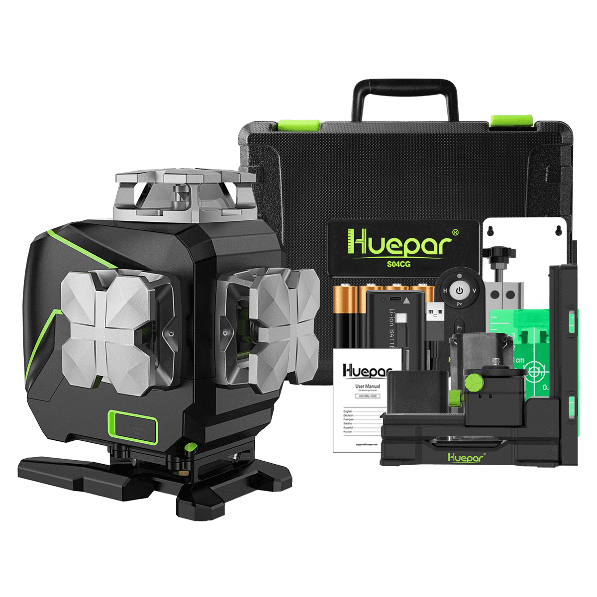 Huepar 4D Cross Line Laser Level 16 Lines 4 x 360° Green Beam Self-Leveling  Laser Leveler Tools with Lifting Base S04CG-L 