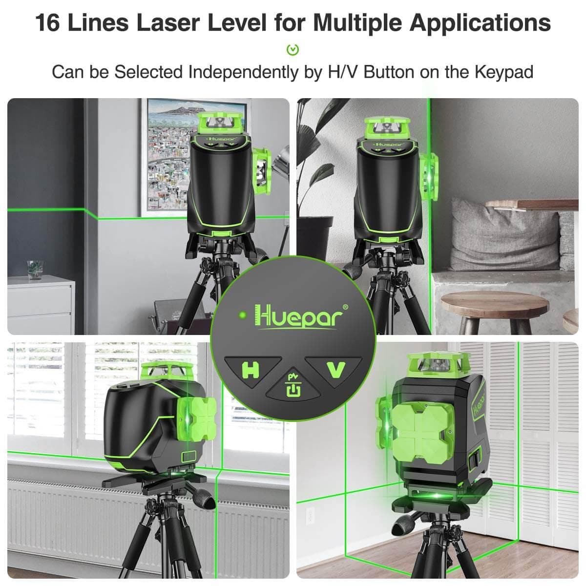 Huepar S04CG-L - 4 x 360° Self-Leveling Laser Cross Line Laser Tiling Floor Laser Tool - HUEPAR US