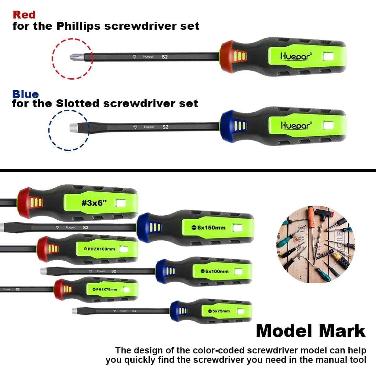 Huepar Magnetic Screwdriver Set with 3 Slotted and 3 Phillips Heads, Diamond Tip, Rust Resistant Shaft, Professional 6PCS Kit, Advanced Technology, Best Laser Level, Free Shipping8