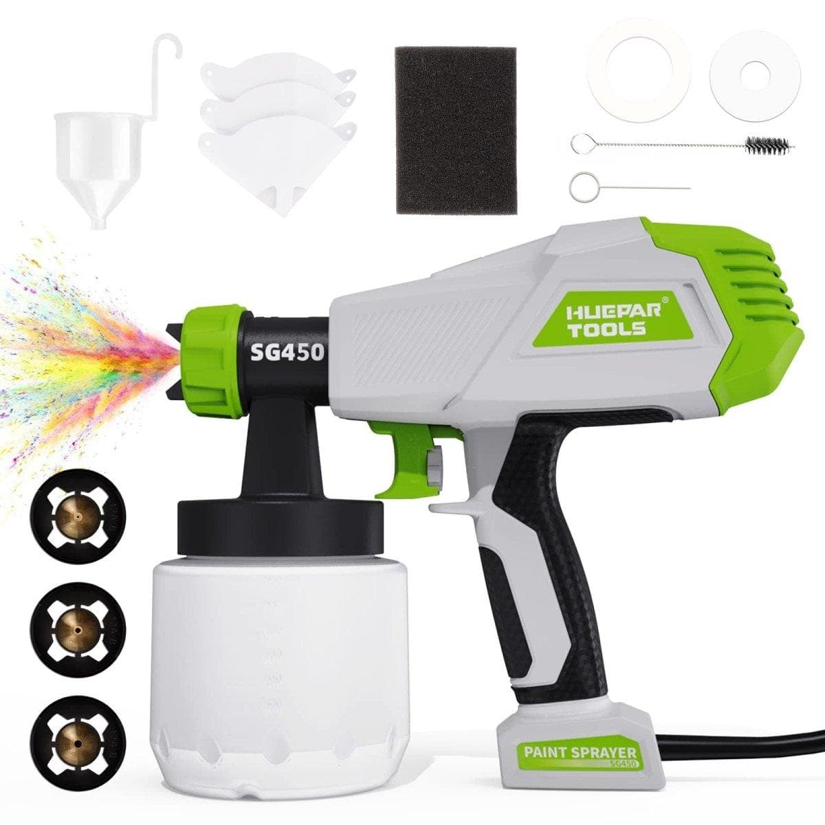 Huepar Tools SG450 HVLP electric paint sprayer with 800ml capacity and 3 metal nozzles, suitable for home interior and exterior walls, ceiling, cabinet, fence, and chair spraying5