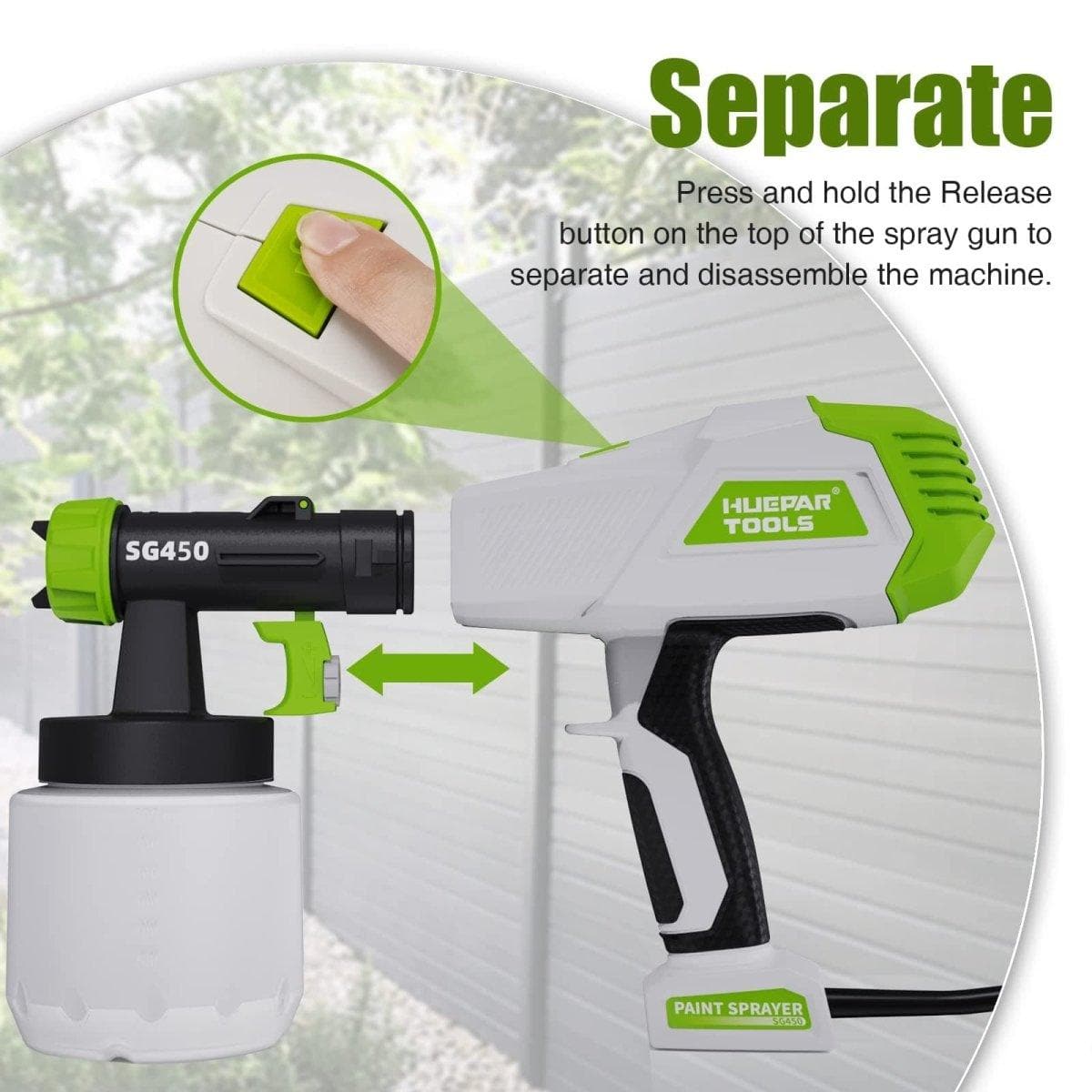 Huepar Tools SG450 HVLP electric paint sprayer with 800ml capacity and 3 metal nozzles, suitable for home interior and exterior walls, ceiling, cabinet, fence, and chair spraying7