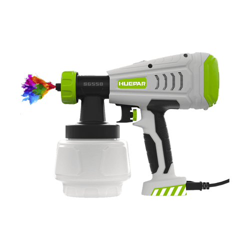 Huepar Tools SG550 HVLP electric paint sprayer with 1000ml capacity and 4 metal nozzles, 3 patterns for home interior and exterior walls, ceiling, cabinet, fence, and chair6