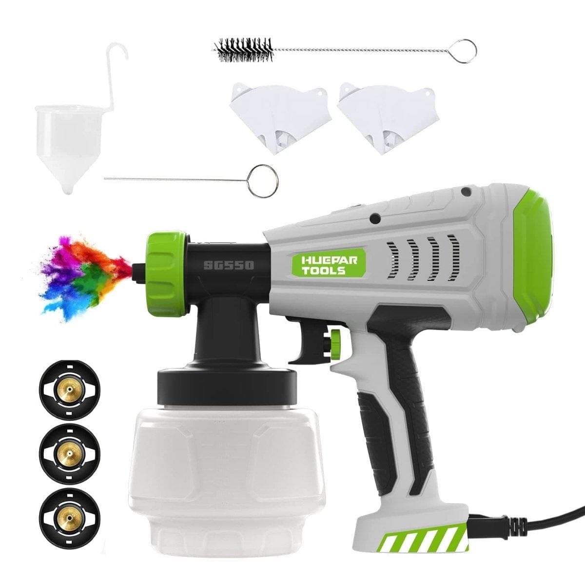 Huepar Tools SG550 HVLP electric paint sprayer with 1000ml capacity and 4 metal nozzles, 3 patterns for home interior and exterior walls, ceiling, cabinet, fence, and chair4