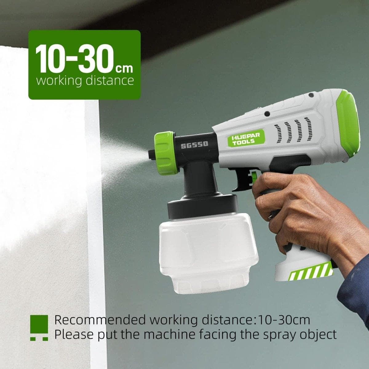 Huepar Tools SG550 HVLP electric paint sprayer with 1000ml capacity and 4 metal nozzles, 3 patterns for home interior and exterior walls, ceiling, cabinet, fence, and chair5