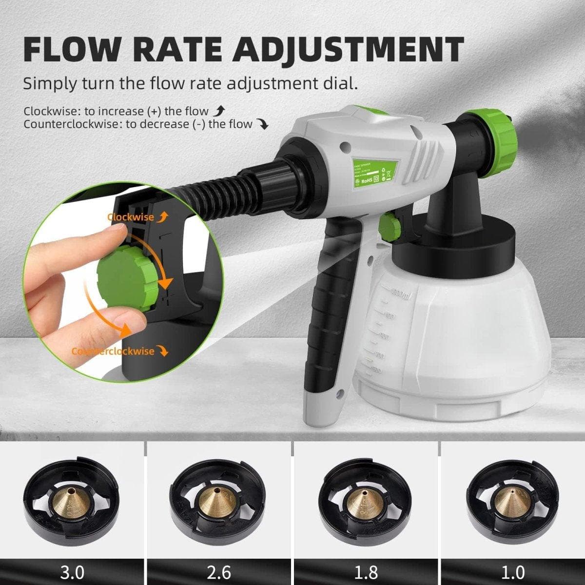 Huepar Tools SG800 HVLP electric paint sprayer with 4 metal nozzles and 3 patterns, ideal for home interior and exterior walls, house painting, ceiling, fence, cabinet, chair3